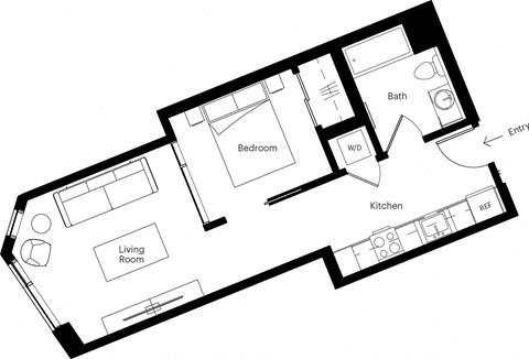 Floor plan for 1 bed, 1 bath, 478 sqft